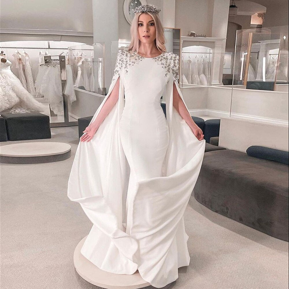 Sharon Said Elegant White Mermaid Dubai Evening Dress for Women Wedding Party Cape Sleeves Muslim Long Formal Dresses SS200