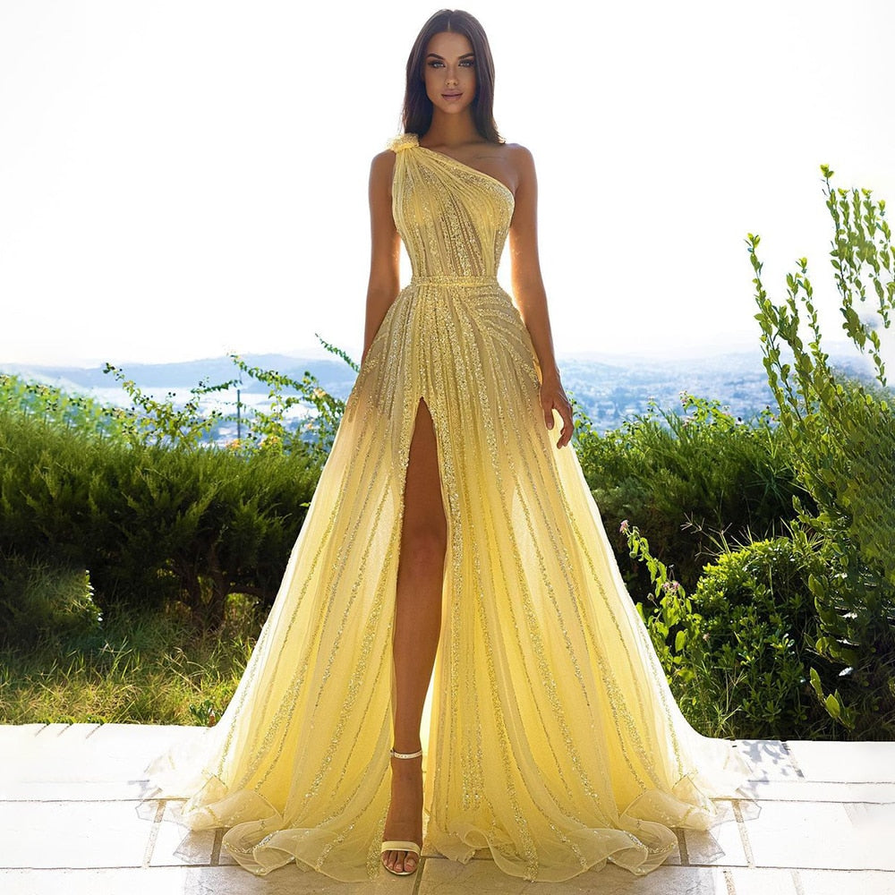 Sharon Said Yellow One Shoulder Luxury Dubai Evening Dress with Cape S