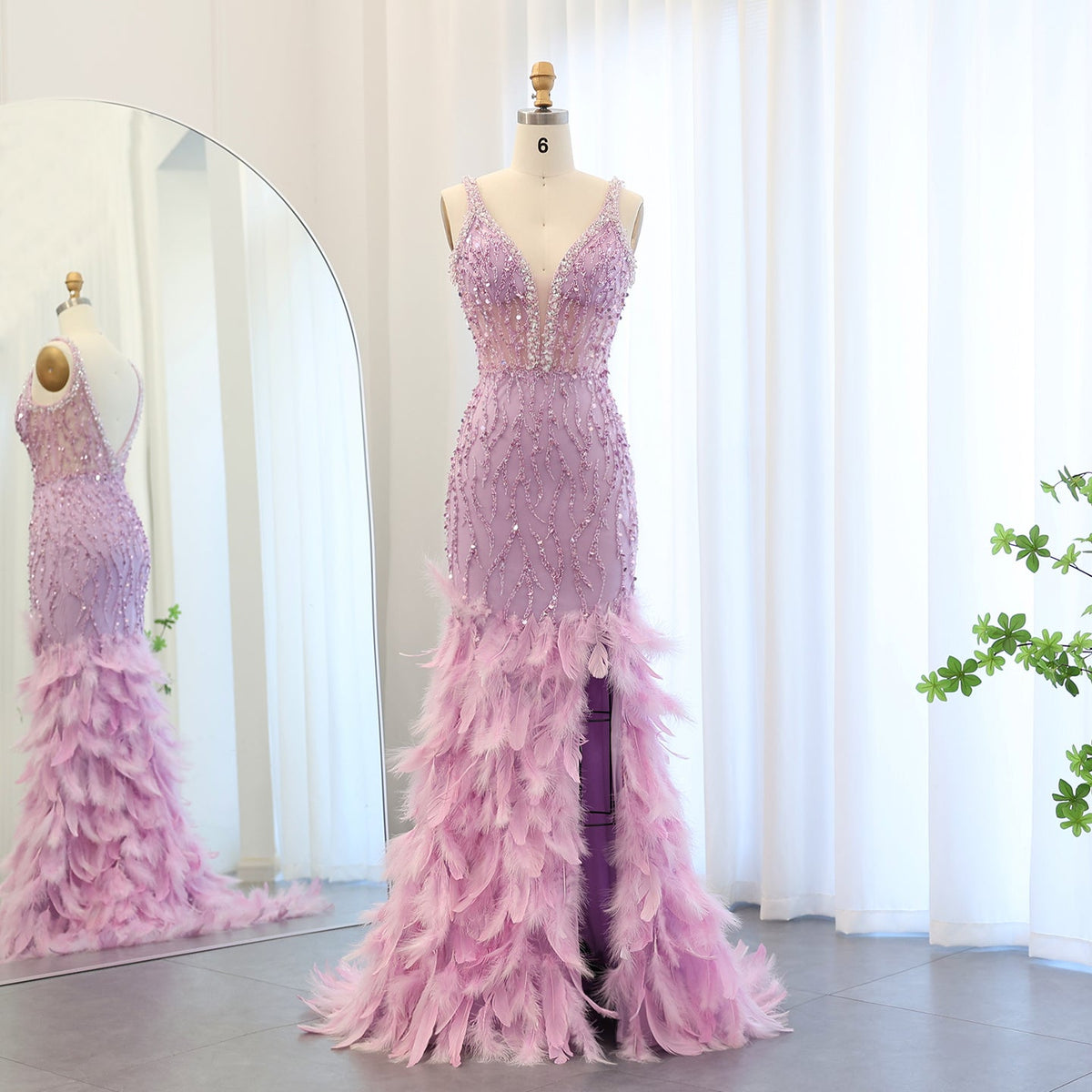 Sharon Said Luxury Feathers Pink Mermaid Evening Dresses for Women Wedding V-Neck Blue Side Slit Long Prom Party Dress SS184