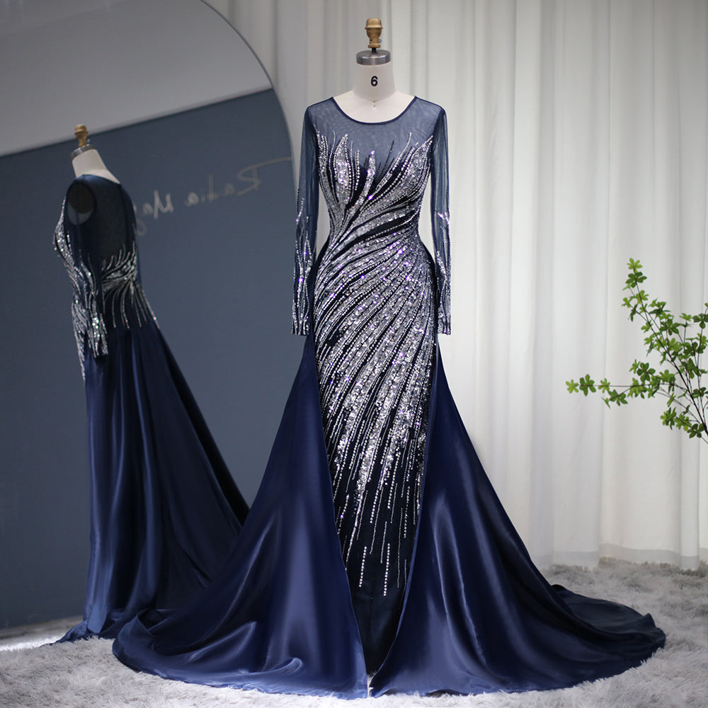 Sharon Said Elegant Navy Blue Mermaid Arabic Evening Dresses 2024 Luxury Dubai Overskirt Long Sleeve Wedding Formal Guest Partys SS305