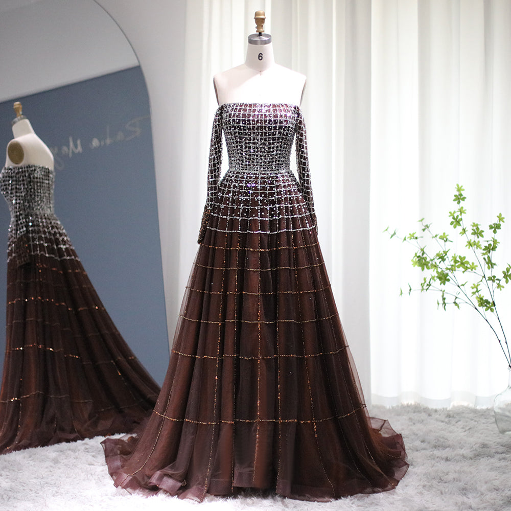 Sharon Said Luxury Dubai Off Shoulder Brown Evening Dress Long Sleeve Elegant Arabic Women Wedding Party Formal Gowns SS022