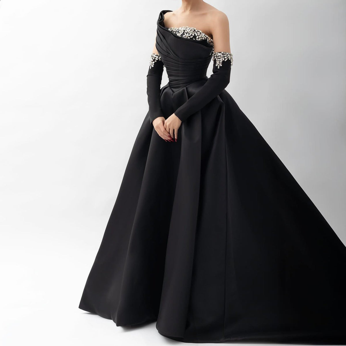 Elegant Black Satin Crystal One Shoulder Evening Dress SF272