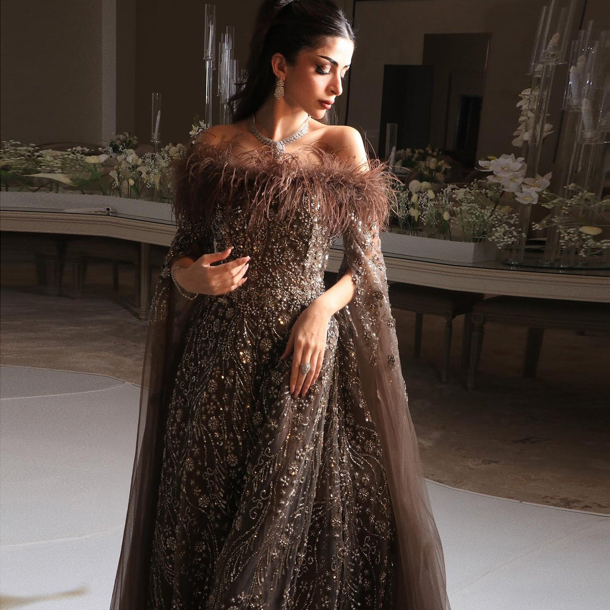 Off Shoulder Feathers Brown Evening Dress with Cape Sleeves SS135