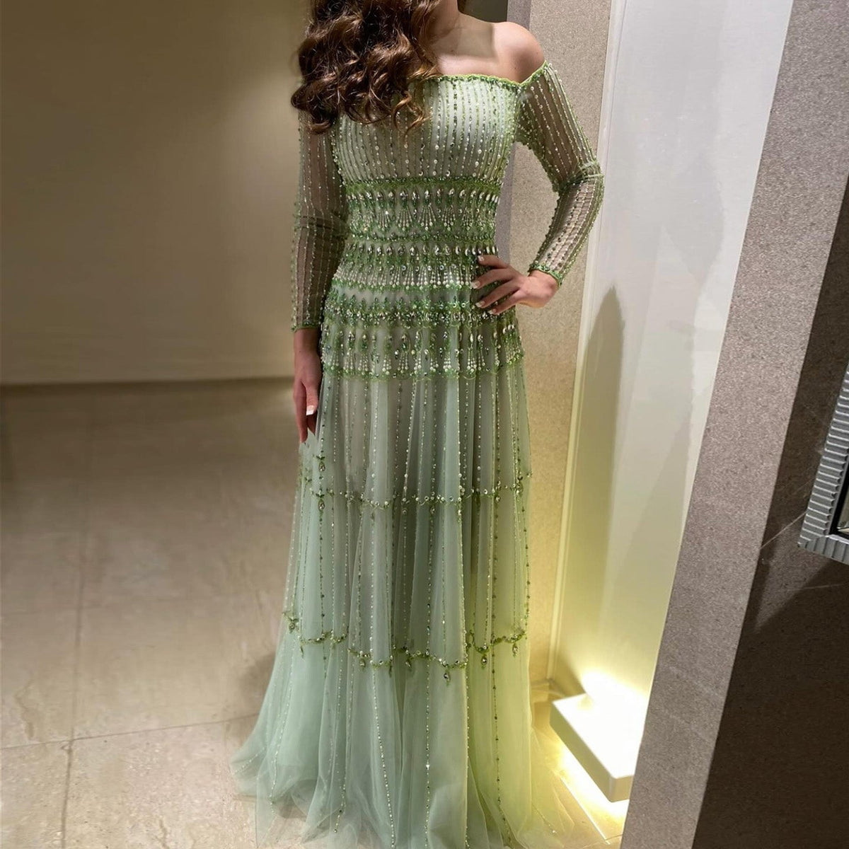 Elegant Off Shoulder Sage Green Evening Dress SS588