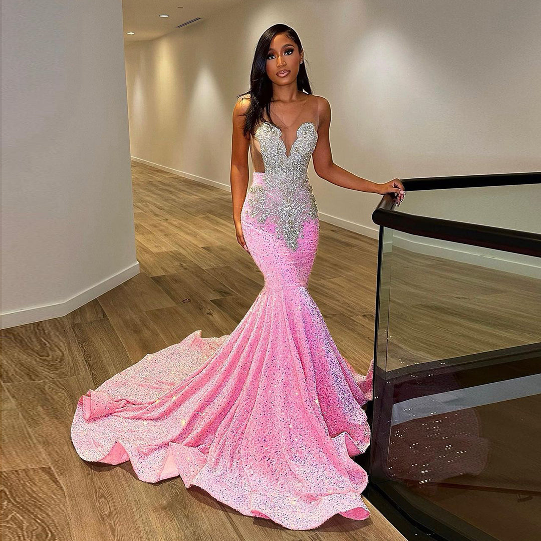 Sharon Said Luxury Pink Sequined Mermaid Crystal Prom Dresses For Black Girls Long Train Backless Graduation Party Dress RM061