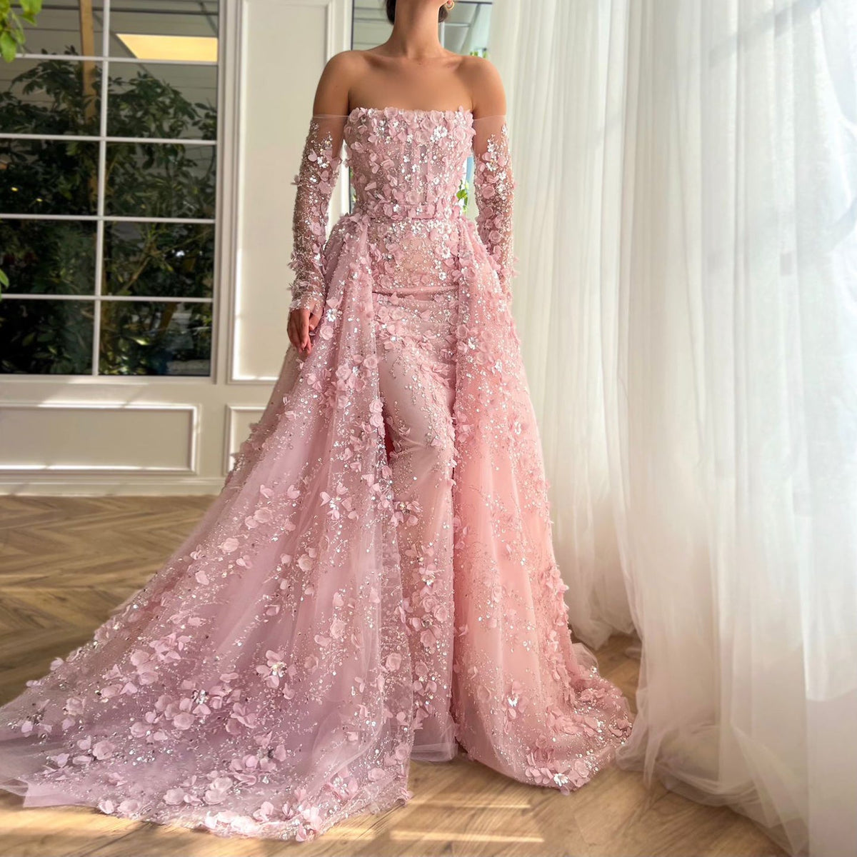 Sharon Said Elegant 3D Flowers Pink Luxury Dubai Evening Dress with Overskirt Lilac Long Sleeves Women Wedding Party Gown SS352