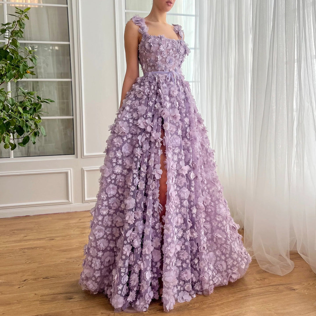 Sharon Said Chic Lilac 3D Embroidered Flowers Evening Dress for Women Wedding High Slit Long Formal Birthday Party Gowns SS357