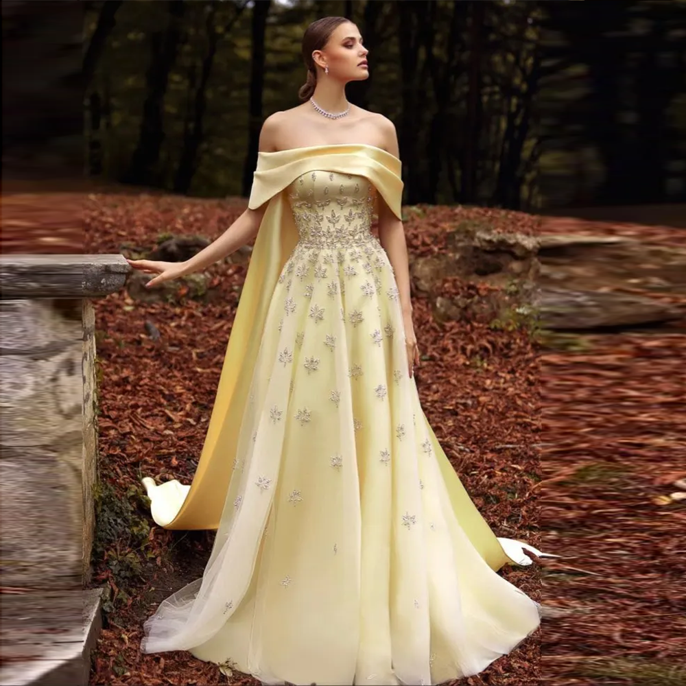 Sharon Said Arabic Yellow Satin Luxury Dubai Evening Dress with Cape Train 2024 Elegant Off Shoulder Women Wedding Guest Party Gowns SS455