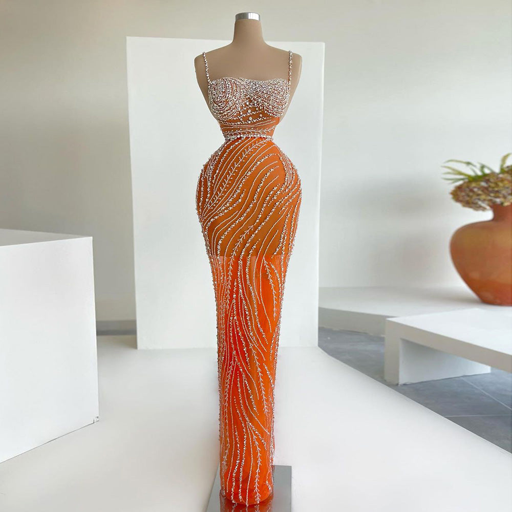 Sharon Said Orange Spaghetti Straps Mermaid Evening Dresses Luxury Dubai Crystal Long Prom Dress for Women Wedding Party RM155