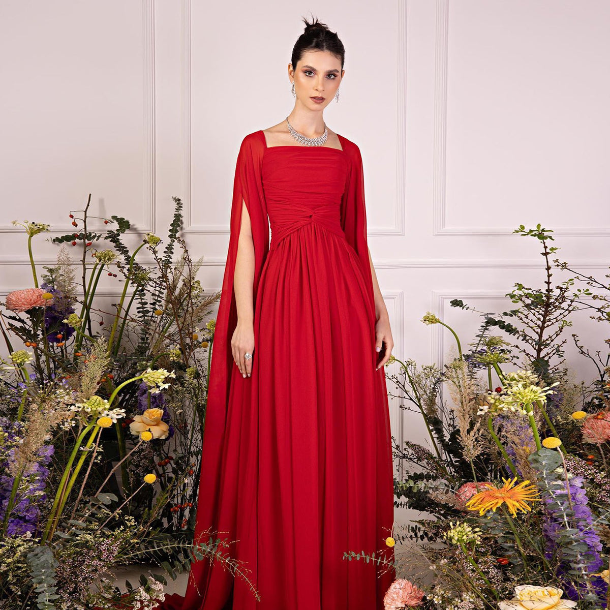 Sharon Said Elegant Red Chiffon Arabic Evening Dresses with Cape Sleeves Square Neckline Wedding Party Gowns SF032