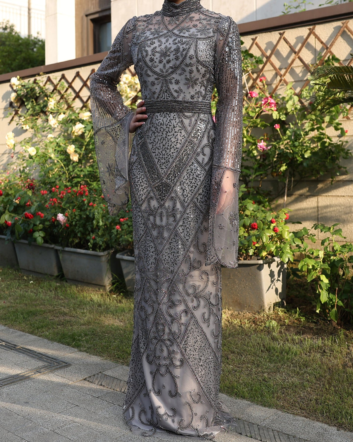 Sharon Said Luxury Beaded Gray Muslim Evening Dress with Flare Long Sleeves Arabic Women Wedding Party Gowns SS204