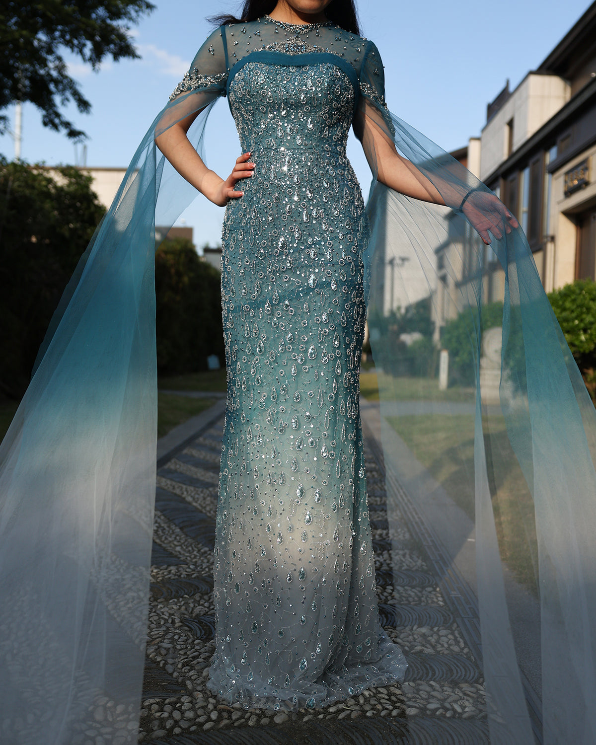 Sharon Said 2024 Luxury Dubai Mermaid Turquoise Evening Dress with Cape Sleeves Long Arabic Women Wedding Party Gowns SS206