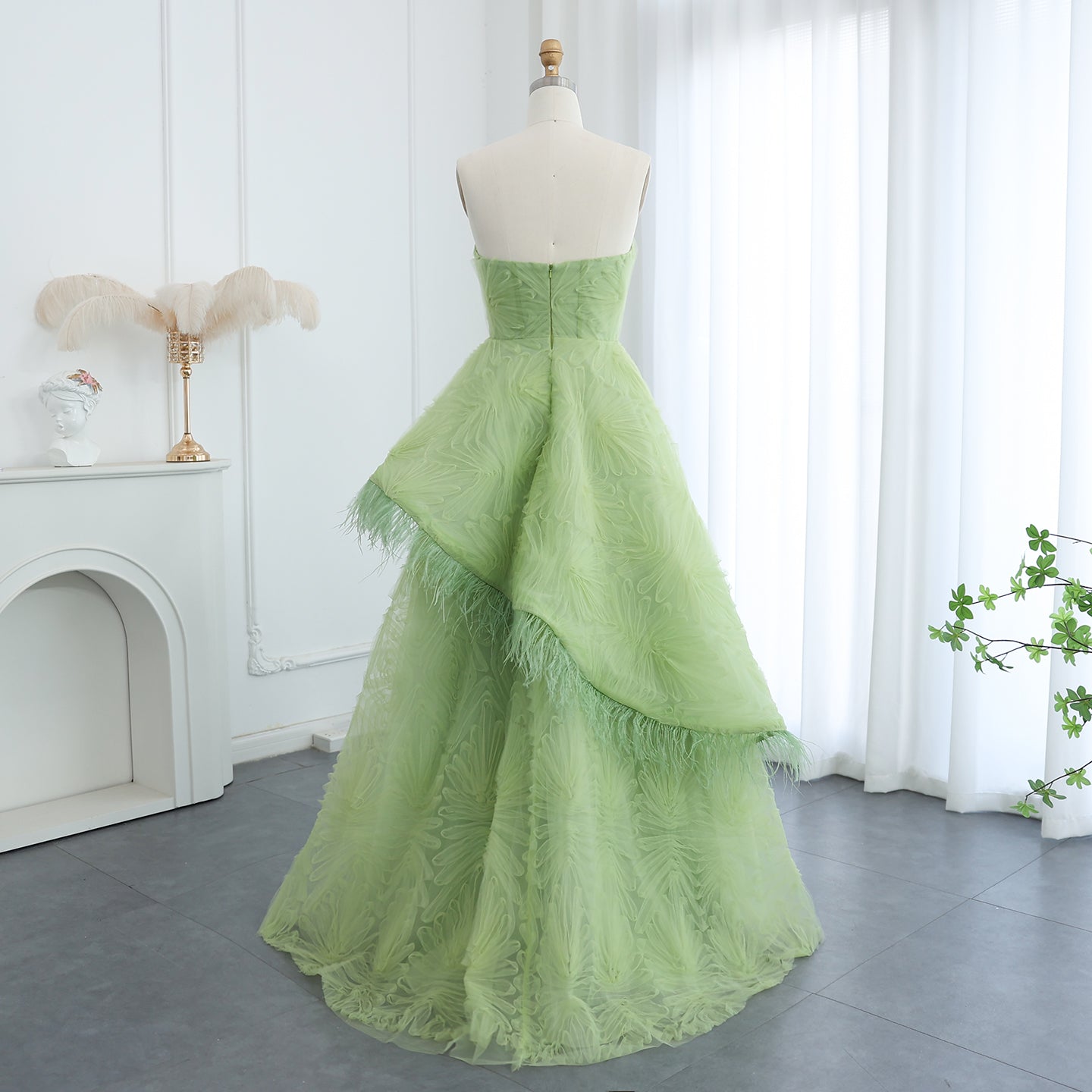 Sharon Said Luxury Feather 3D Floral Dubai Lime Green Evening Dress El