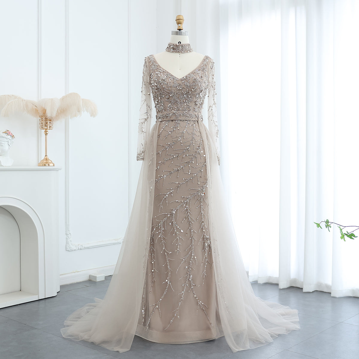 Sharon Said Luxury Beaded Mermaid Orange Evening Dress with Overskirt Light Blue Long Sleeves Women Wedding Party Gowns SS222