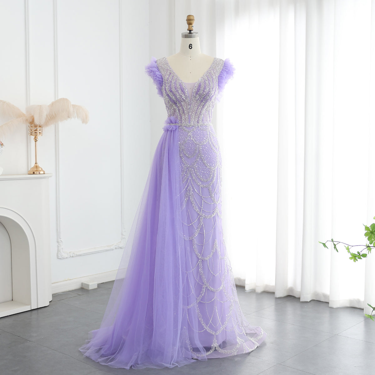 Elegant V-Neck Lilac Mermaid Evening Dresses with Overskirt SS100