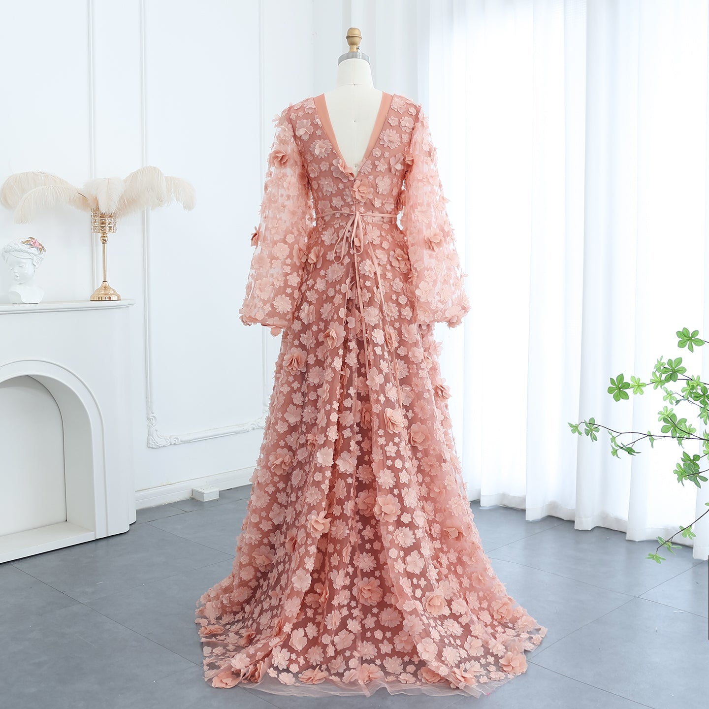 Sharon Said Blush Peach-Pink 3D Flowers Evening Dresses with Bell Long