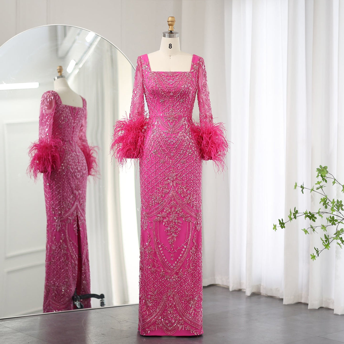 Sharon Said Arabic Fuchsia Luxury Dubai Evening Dresses Feathers Long Sleeves Straight Muslim Women Wedding Party Gowns SS239