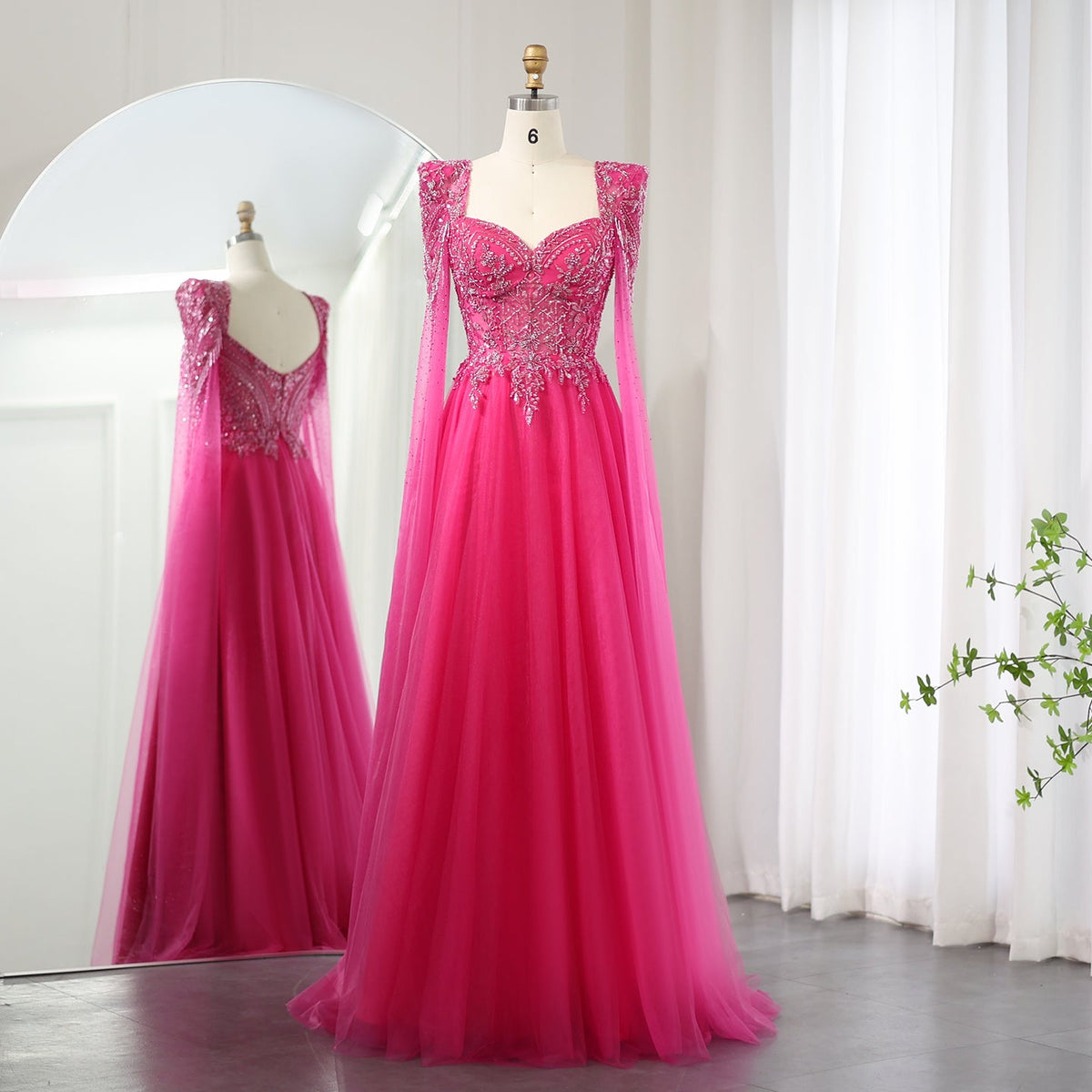 Sharon Said Arabic Fuchsia Evening Dress with Cape Sleeves Luxury Beaded Dubai Elegant Women Wedding Formal Party Gowns SS242