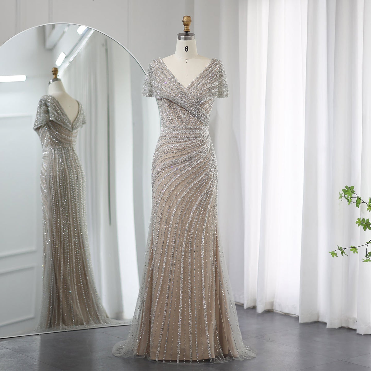 Sharon Said Luxury Dubai Silver Nude Mermaid Evening Dresses for Women Wedding Elegant Cap Sleeves Arab Formal Party Gowns SS045