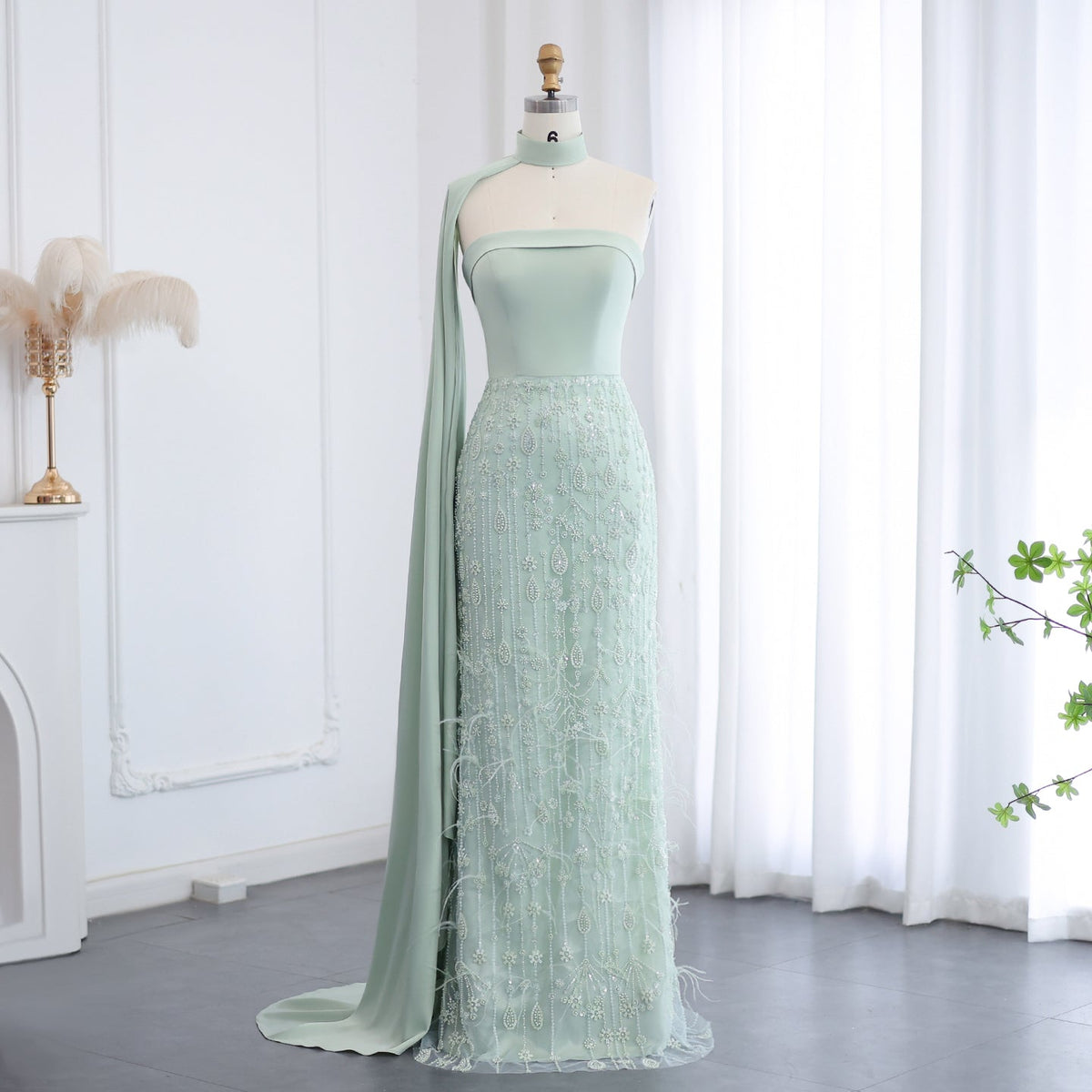 Luxury Sage Green Feathers Evening Dress with Scarf Cape SS014