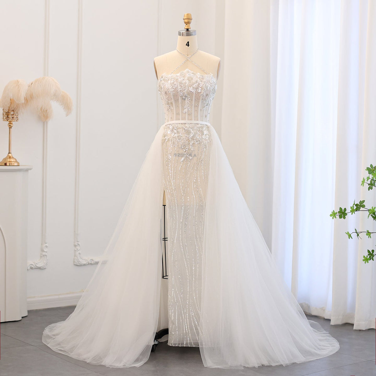 Sharon Said Luxury Halter White Mermaid Evening Dress with Detachable Overskirt Dubai Arabic Bridal Wedding Party Dress SS524