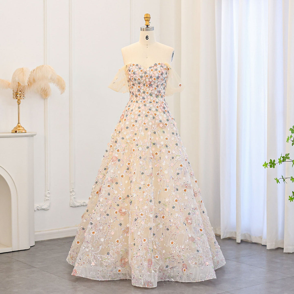 Sharon Said Luxury 3D Flowers Champagne Evening Dresses 2024 Elegant Off Shoulder Formal Dress for Women Wedding Party SS505