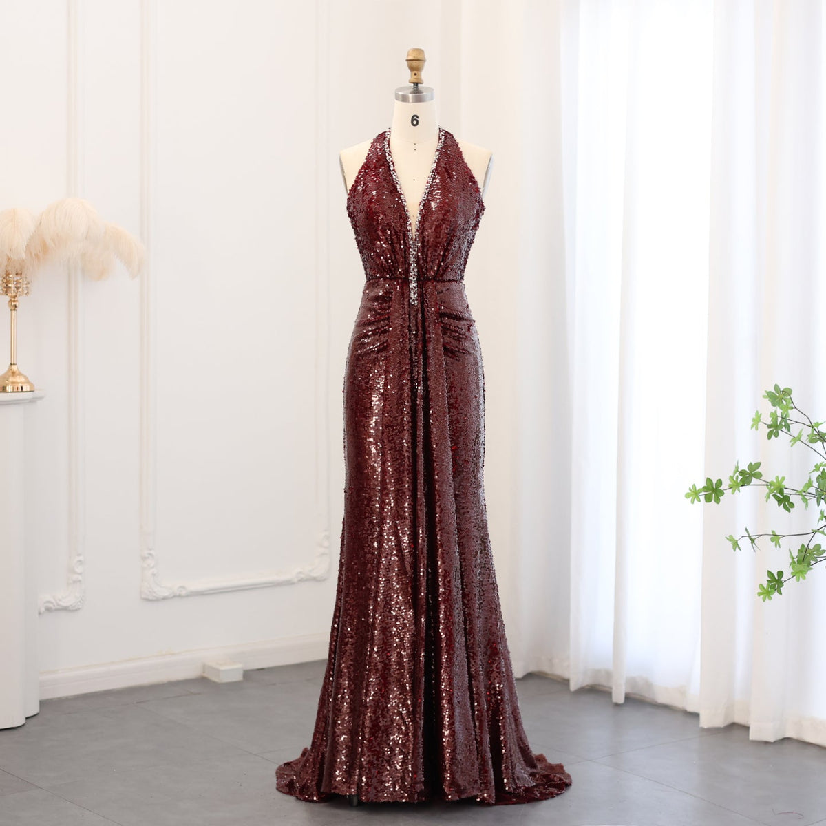 Sharon Said Elegant Halter Burgundy Sequined Mermaid Evening Dresses for Women Wedding Party Long Arabic Formal Prom Gowns SS512