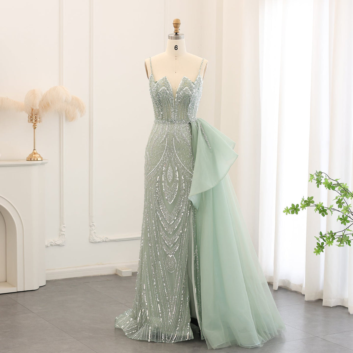 Sharon Said Spaghetti Straps Sage Green Mermaid Evening Dress with Overskirt Side Slit Blue Dubai Women Wedding Party Gown SS216