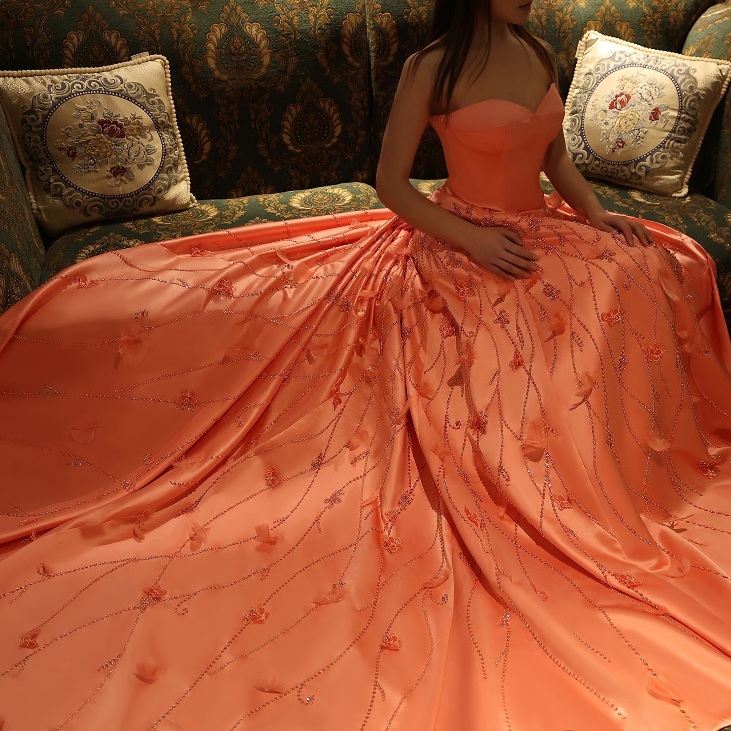 Sharon Said Luxury Feathers Dubai Coral Pink Evening Dresses 3D Flower