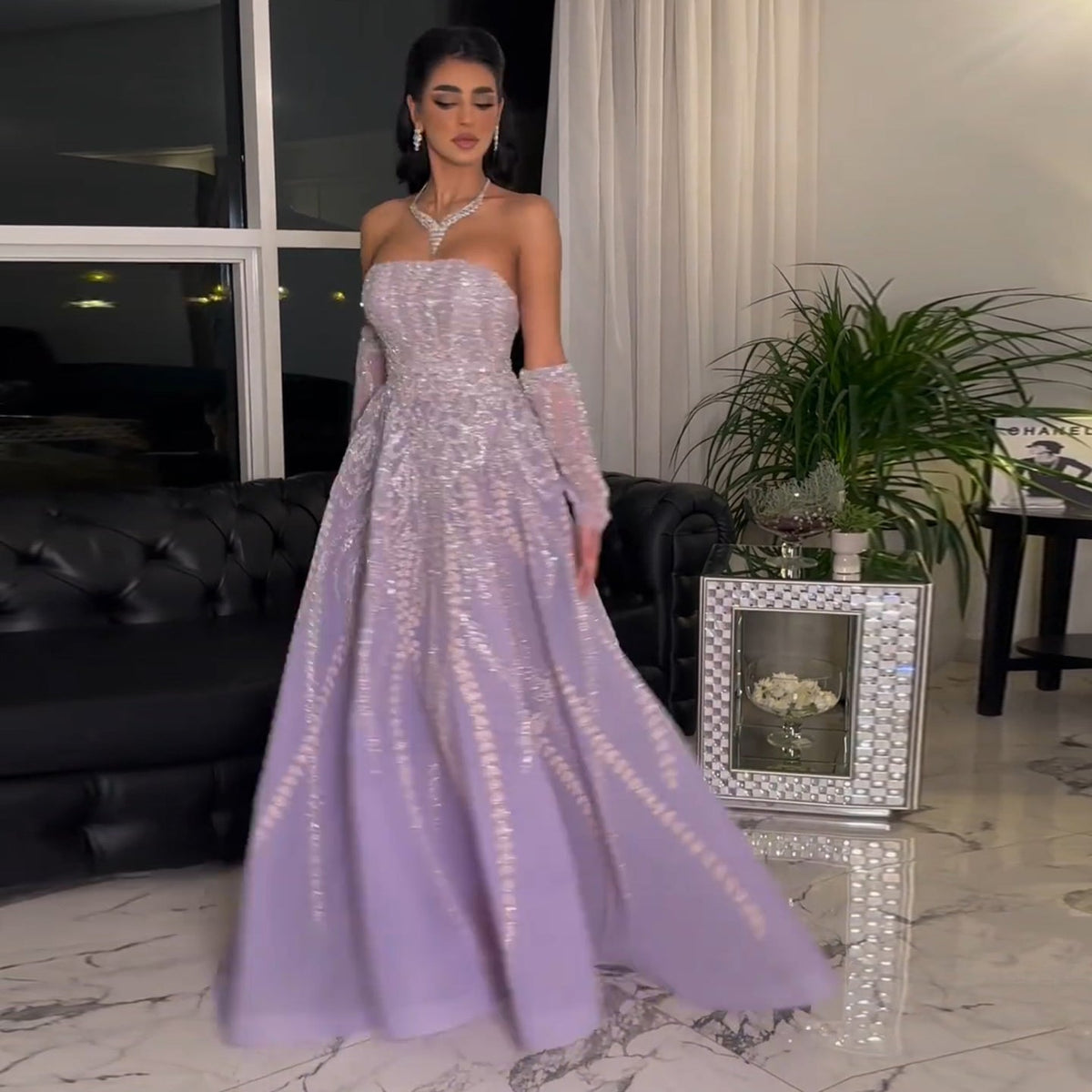 Sharon Said Luxury Dubai Beaded Arabic Lilac Evening Dress with Sleeves Elegant Strapless Women Wedding Party Gowns SS462