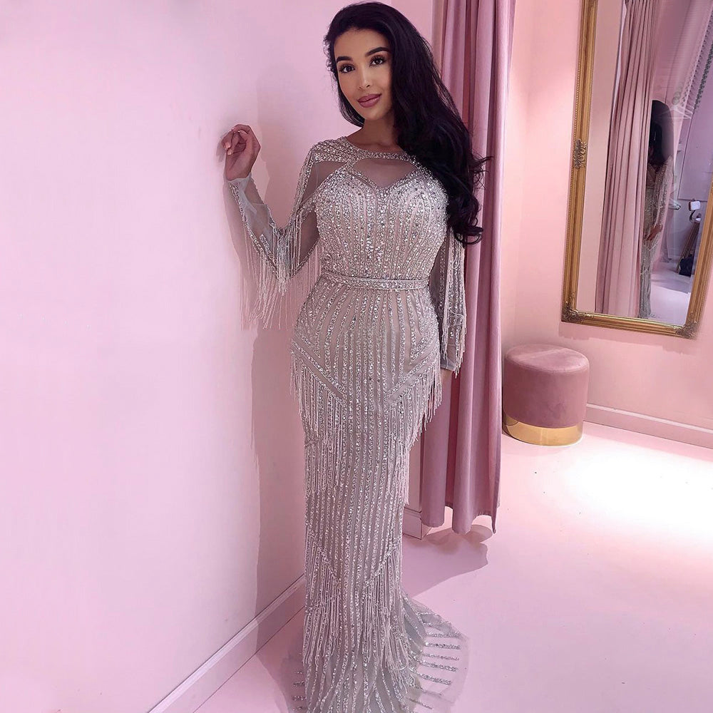 Dreamy Vow Luxury Dubai Tassel Silver Nude Mermaid Evening Dress for Women Wedding Party Long Sleeve African Prom Dresses 214