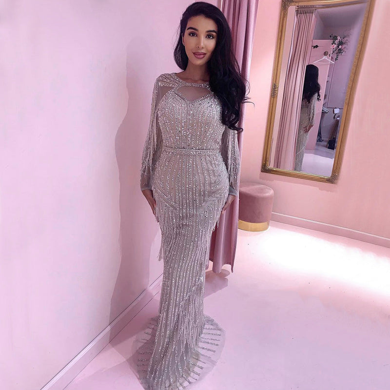 Dreamy Vow Luxury Dubai Tassel Silver Nude Mermaid Evening Dress for Women Wedding Party Long Sleeve African Prom Dresses 214