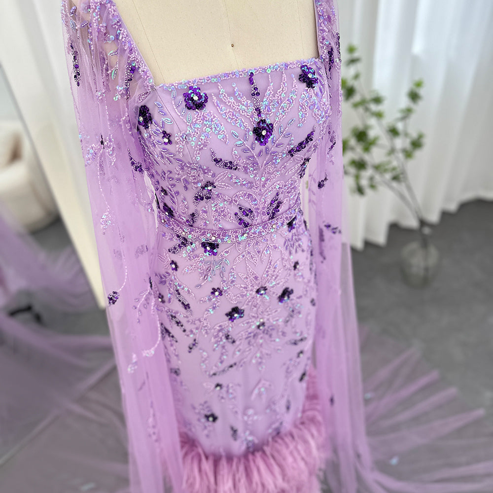 Dreamy Vow Dubai Luxury Feathers Lilac Evening Dress with Cape Sleeves Ankle Length Midi Arabic Women Wedding Party Gowns 381