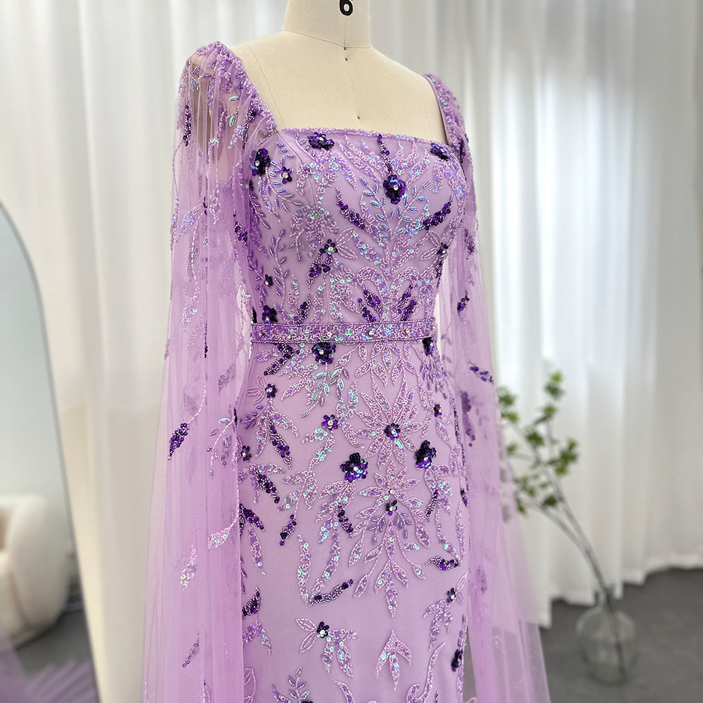 Dreamy Vow Dubai Luxury Feathers Lilac Evening Dress with Cape Sleeves Ankle Length Midi Arabic Women Wedding Party Gowns 381