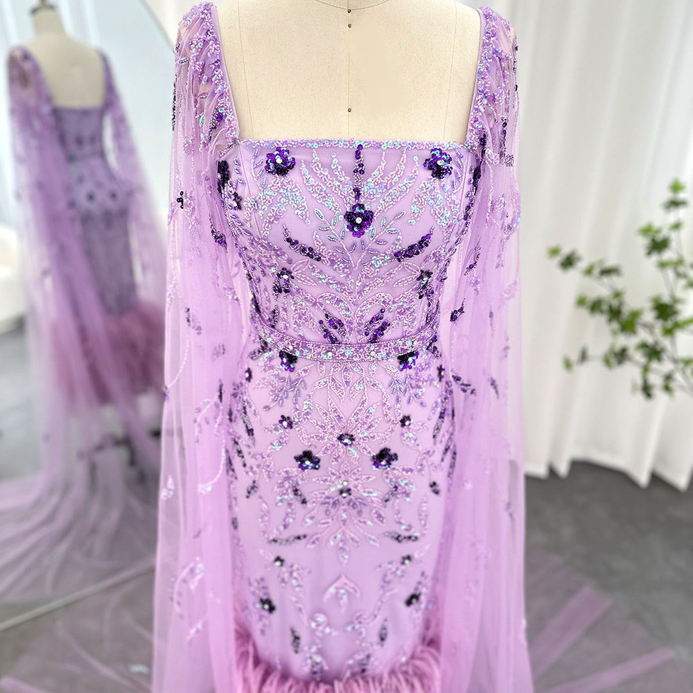 Dreamy Vow Dubai Luxury Feathers Lilac Evening Dress with Cape Sleeves Ankle Length Midi Arabic Women Wedding Party Gowns 381