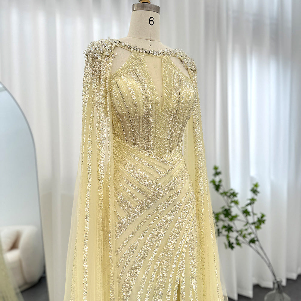 Dreamy Vow Luxury Crystal Dubai Yellow Evening Dress with Cape Sleeves 2023 Lilac Arabic Mermaid Women Wedding Party Gown 203