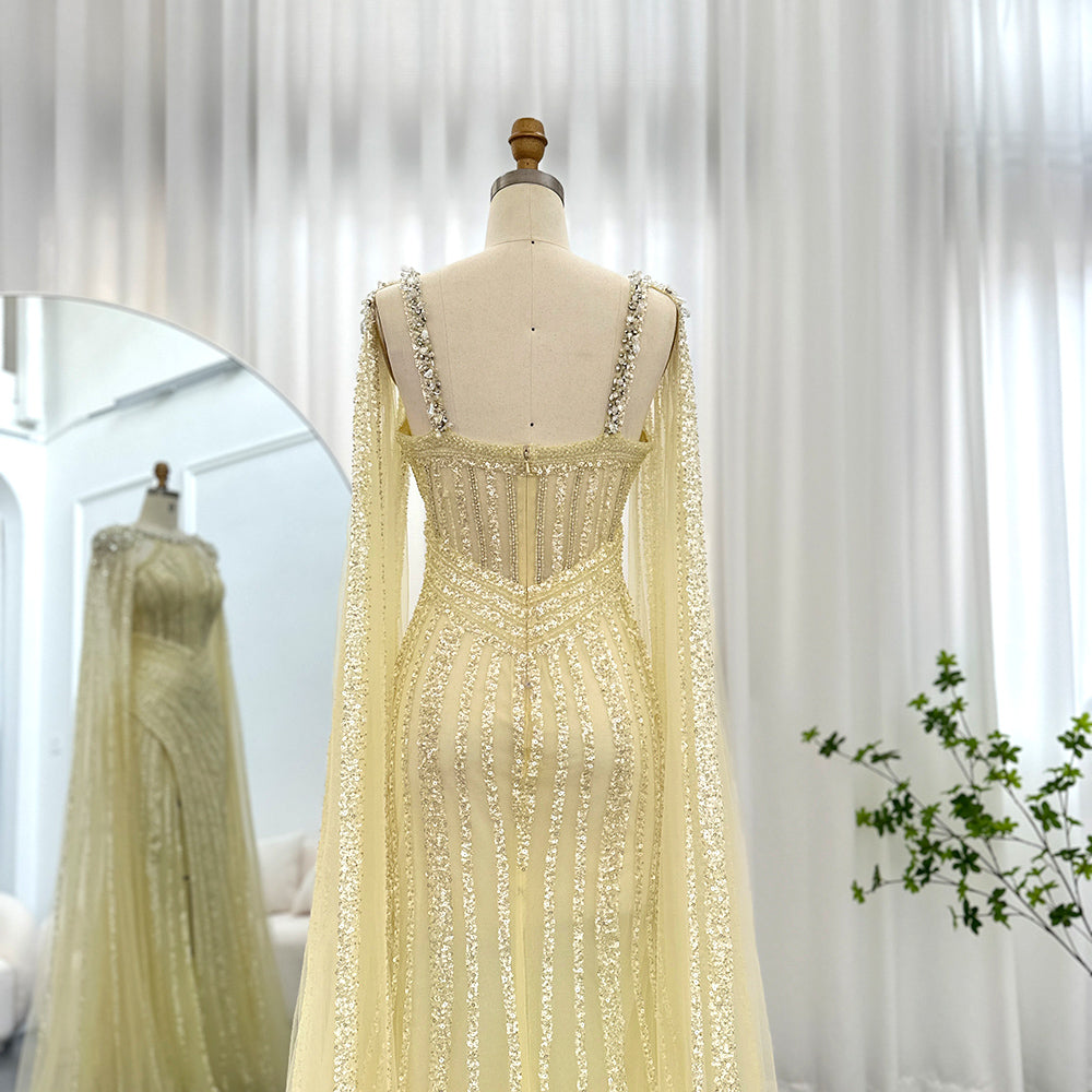 Dreamy Vow Luxury Crystal Dubai Yellow Evening Dress with Cape Sleeves 2023 Lilac Arabic Mermaid Women Wedding Party Gown 203