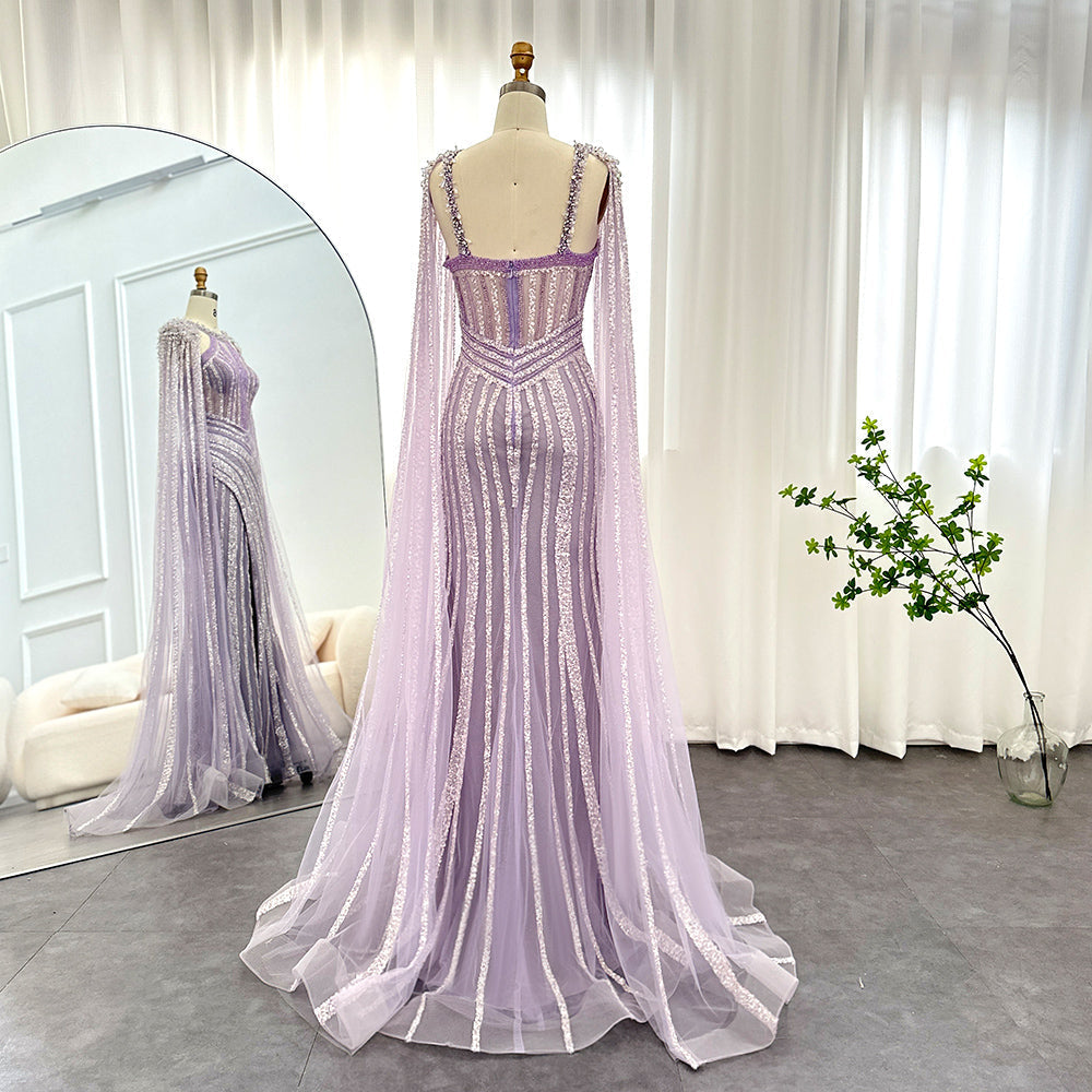 Dreamy Vow Luxury Crystal Dubai Yellow Evening Dress with Cape Sleeves 2023 Lilac Arabic Mermaid Women Wedding Party Gown 203