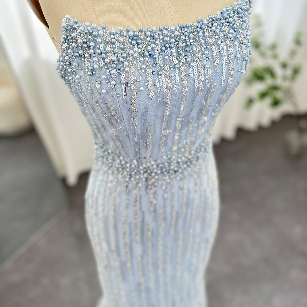 DreamyVow Light Blue Pearls Luxury Dubai Evening Dresses 2023 Elegant Strapless Arabic Women Wedding Party Formal Gowns 395