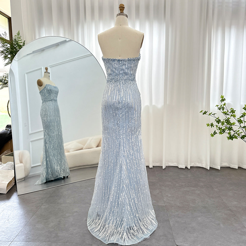 DreamyVow Light Blue Pearls Luxury Dubai Evening Dresses 2023 Elegant Strapless Arabic Women Wedding Party Formal Gowns 395