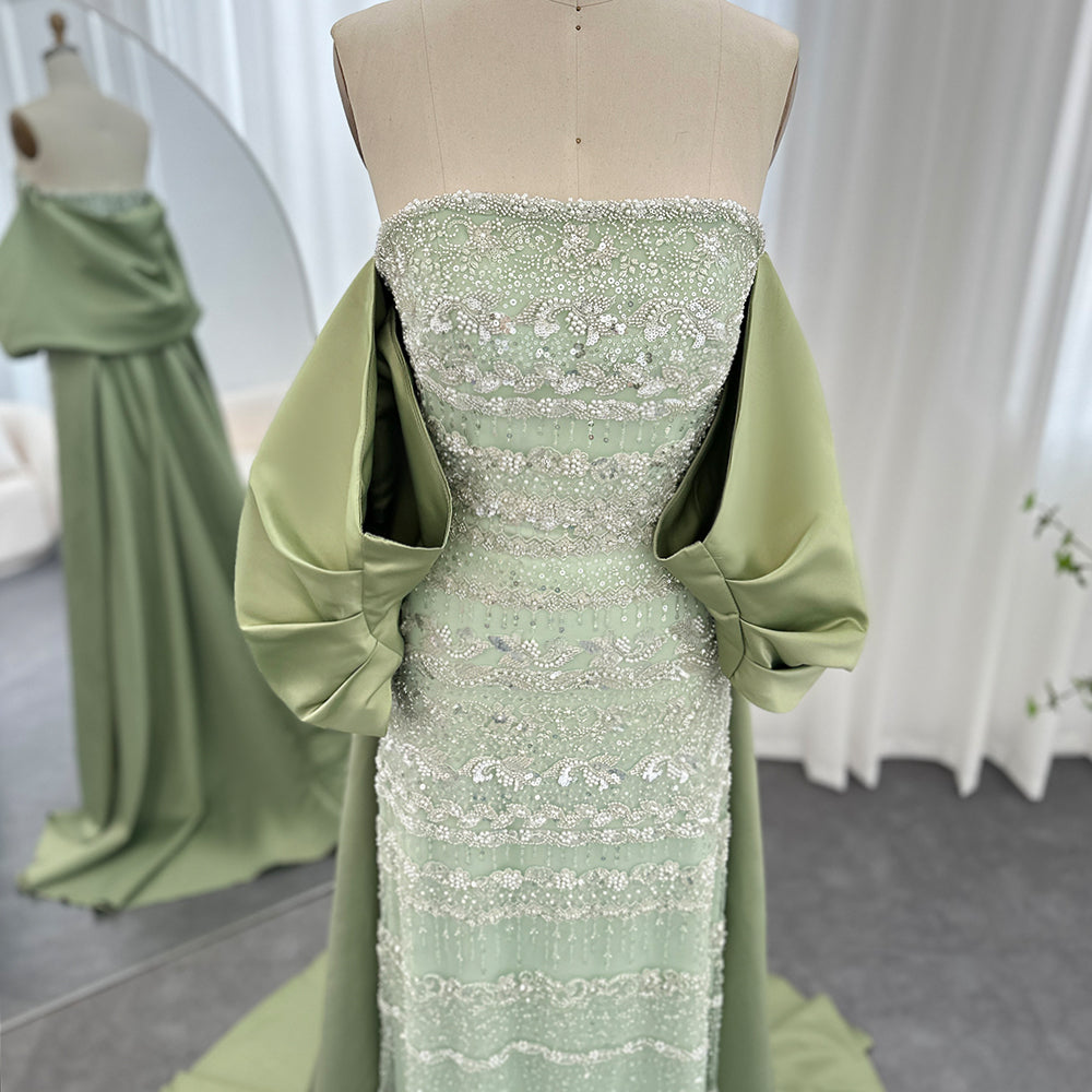 DreamyVow Luxury Dubai Sage Green Evening Dresses with Cape 2023 Arabic Blue Beaded Elegant Women Wedding Party Gowns 238