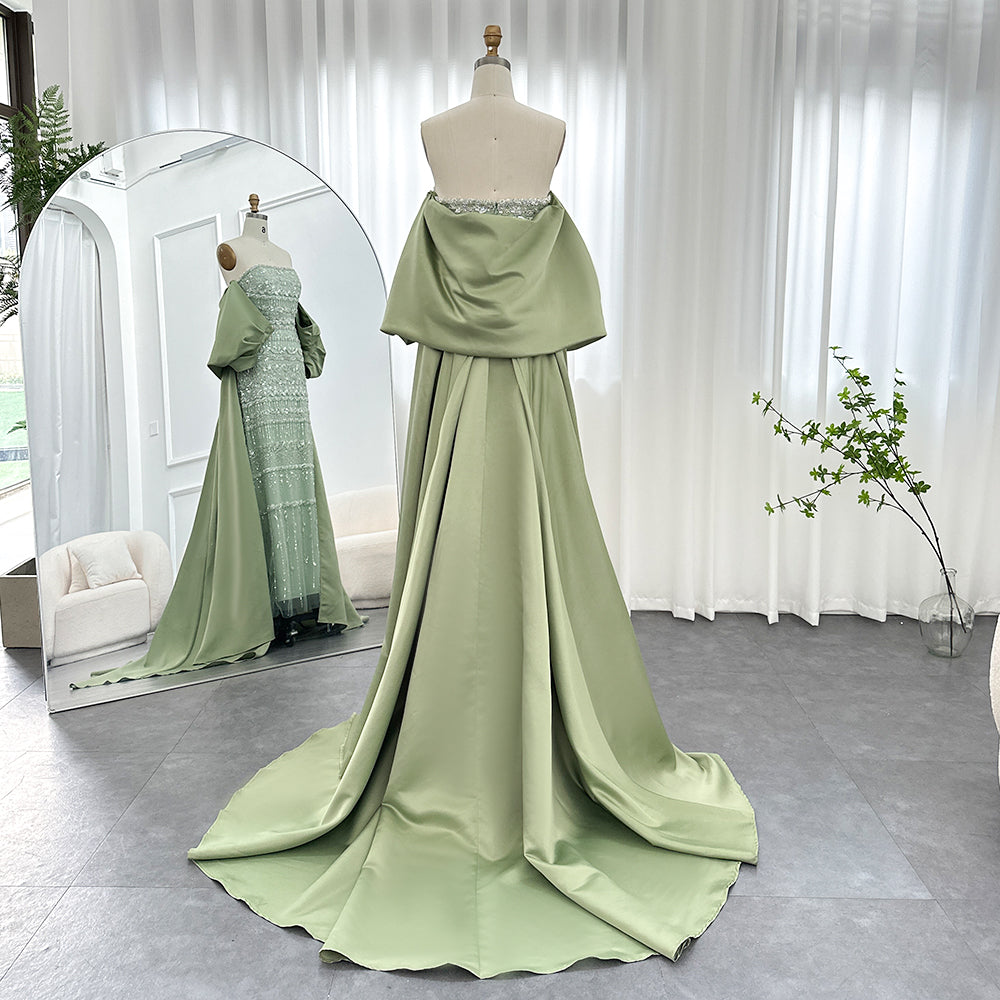 DreamyVow Luxury Dubai Sage Green Evening Dresses with Cape 2023 Arabic Blue Beaded Elegant Women Wedding Party Gowns 238