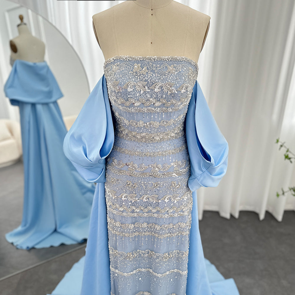 DreamyVow Luxury Dubai Sage Green Evening Dresses with Cape 2023 Arabic Blue Beaded Elegant Women Wedding Party Gowns 238