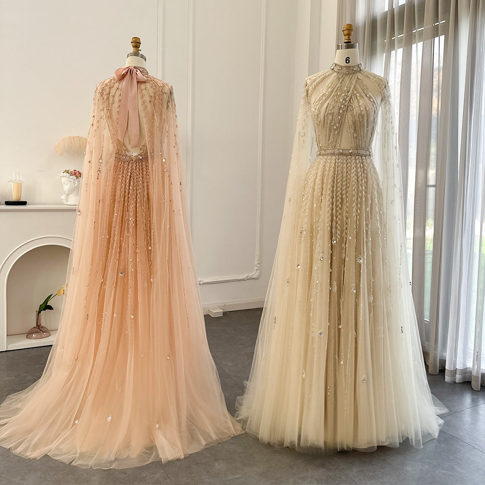 Dreamy Vow Luxury Dubai Evening Dress with Cape Sleeve 2023 Elegant Long Arabic Formal Dresses for Women Wedding Party 495