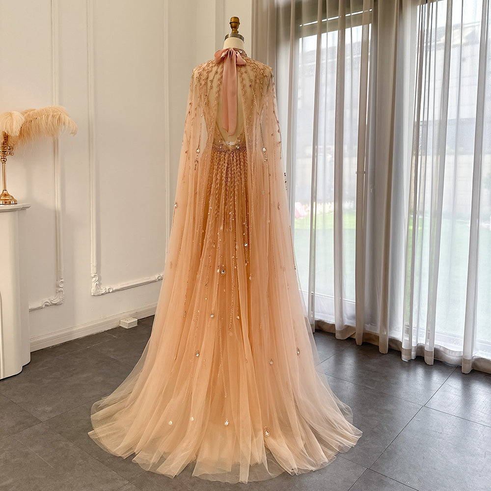 Dreamy Vow Luxury Dubai Evening Dress with Cape Sleeve 2023 Elegant Long Arabic Formal Dresses for Women Wedding Party 495