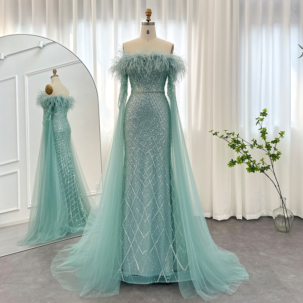 Dreamy Vow Luxury Feather Turquoise Dubai Evening Dress with Cape Sleeves Lilac Arabic Women Wedding Party Prom Gown 261