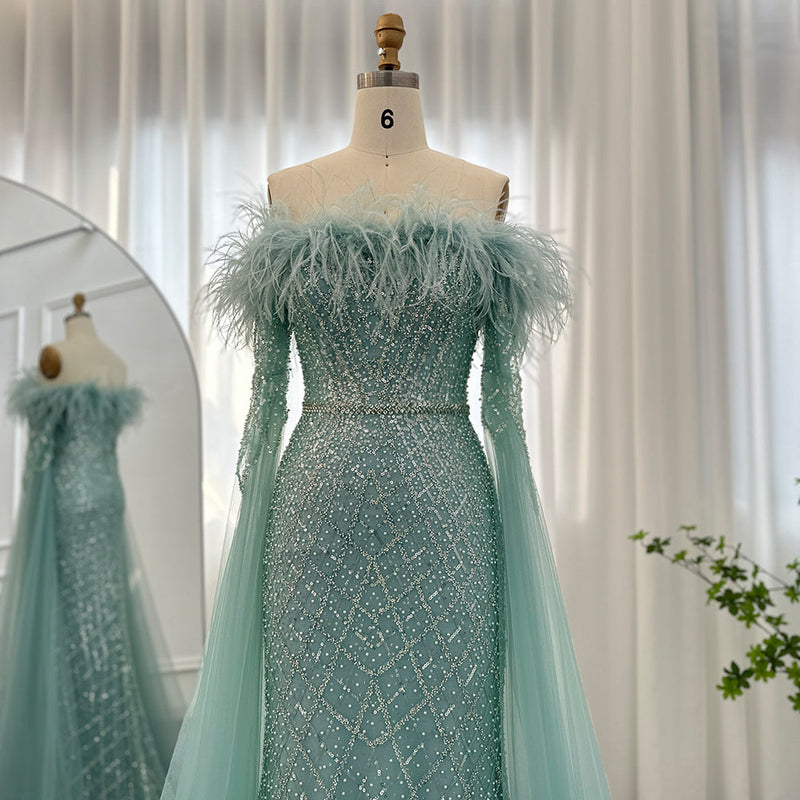 Dreamy Vow Luxury Feather Turquoise Dubai Evening Dress with Cape Sleeves Lilac Arabic Women Wedding Party Prom Gown 261