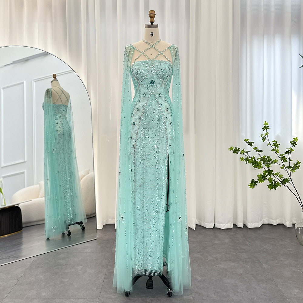 Dreamy Vow Luxury Aqua Lilac Mermaid Evening Dress with Cape Sleeves Criss Cross Women Wedding Party Gowns 391