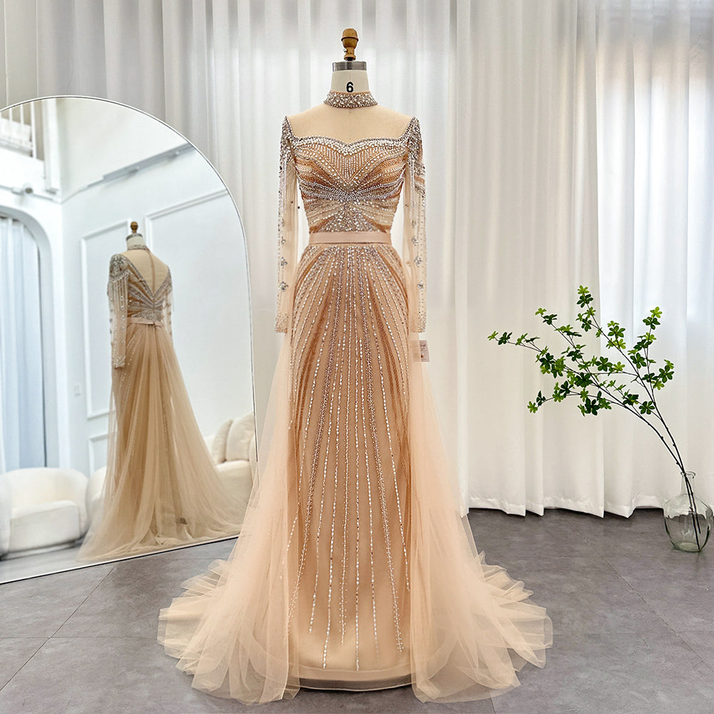 Dreamy Vow Luxury Champagne Mermaid Dubai Evening Dress with Detachable Overskirt Arabic Women Wedding Formal Party Gowns 265