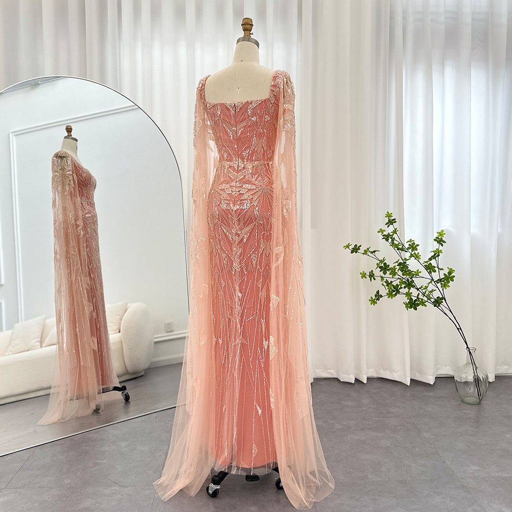 Dreamy Vow Saudi Arabic Nude Pink Luxury Dubai Evening Dresses with Cape Sleeves Square Collar Women Wedding Party Gowns 497